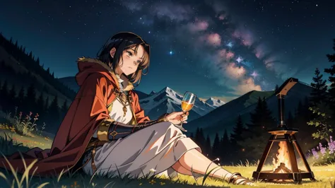 a 16:9 anime-style illustration depicting a female adventurer resting by a campfire on a hill. she is dressed in fantasy attire,...