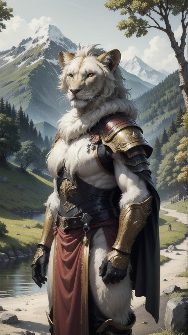 lioness, white fur, golden eyes, with technological armor, background of a green forest with rivers and mountains
