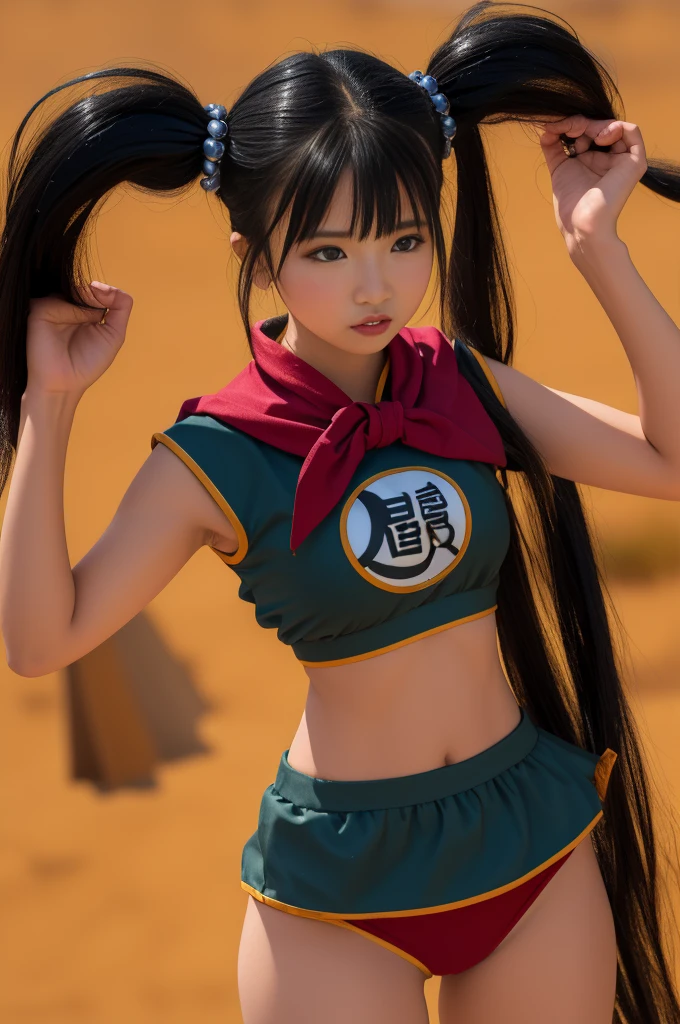 (masterpiece, Highest quality:1.1), Warrior (dq3), 1 person, alone, Long Hair, Twin tails, Looking at the audience, Black Hair, hair ornaments, underwear, Medium chest, Mouth closed, Cowboy Shot, black eye, Raise your arms, Chinese Language Services, Hair Bobble, Clenched hands, Preparing for battle, Simple Yin Yang background,