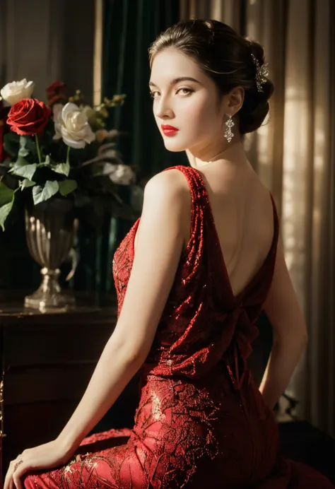 classic hollywood glamour, girl in a stunning red evening gown, dazzling accessories, (captivating eyes, red lips, flawless skin...