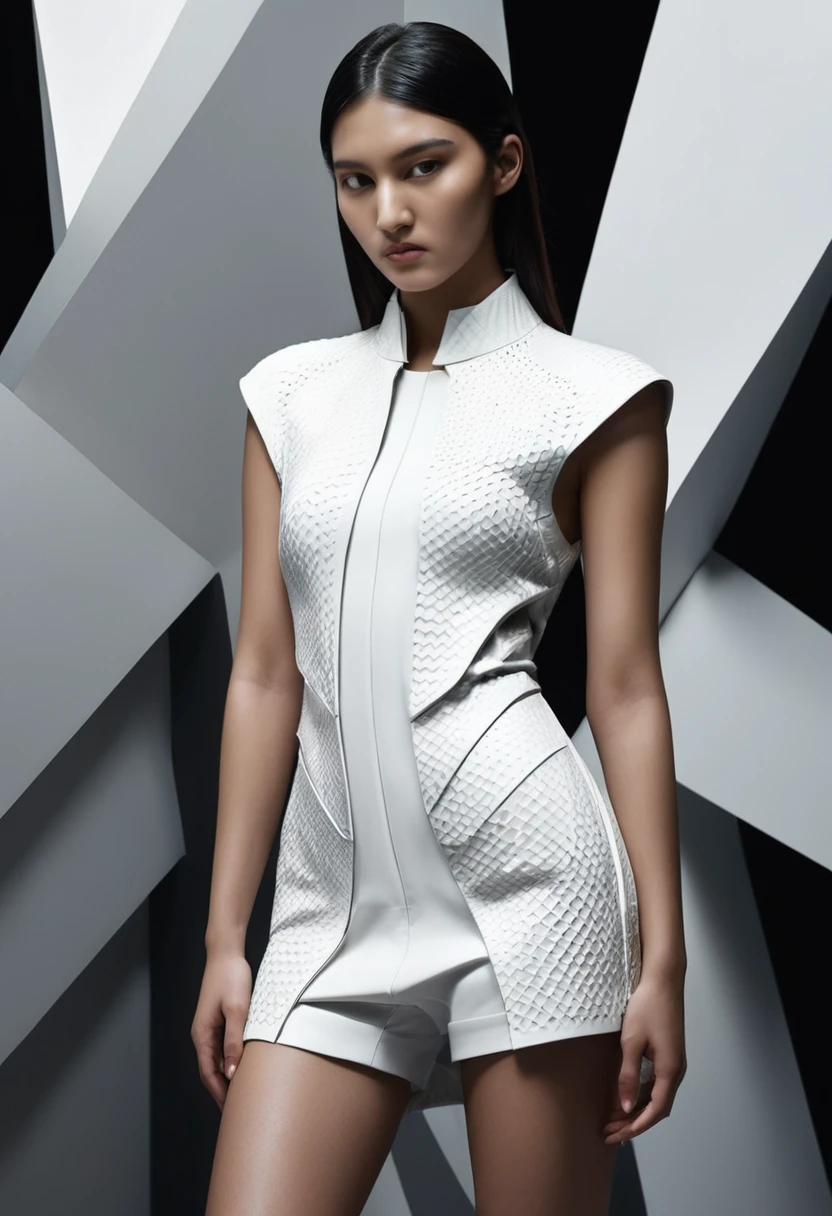 1girl, Textured garments, poised poise, dramatic angles, geometric shapes, contrasts of light and shadow, slick futurism, avant-garde styling, high-tech backdrop, crisp lines, ultra-high resolution