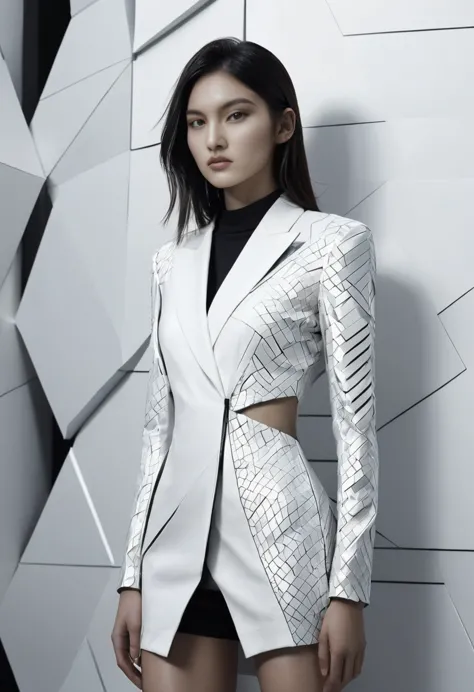 1girl, textured garments, poised poise, dramatic angles, geometric shapes, contrasts of light and shadow, slick futurism, avant-...