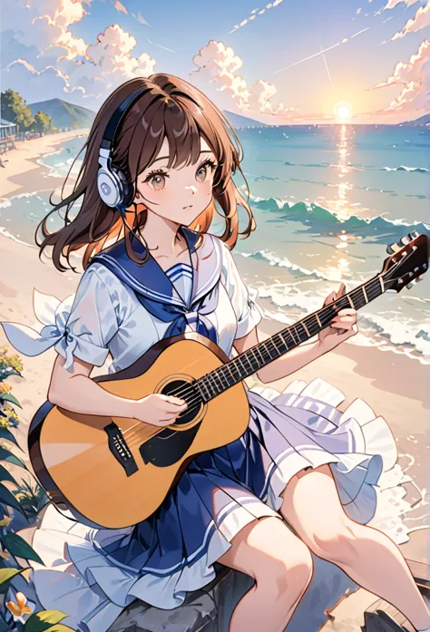 girl wearing headphones,brown hair,1 person,detailed background,(sailor uniform:1.2)(play the guitar.sing a song.:1.3)(summer ev...