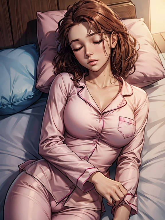 Sleeping girl, 2, realistic, she is wearing pink long pajama, brown hair.