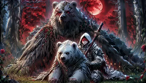 one man with a white hood with bear ears and a katana sits next to a polar bear in a forest while the blood moon shines, many ro...