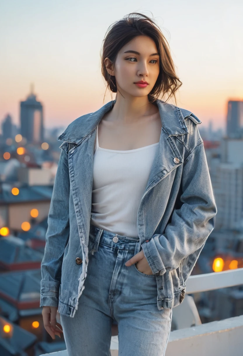 1girl, stylish outfit, fitted jeans, oversized jacket, fashionable accessories, (realistic detailed eyes, natural skin texture, confident expression), cityscape backdrop, rooftop or high-rise balcony, dynamic composition, engaging pose, soft yet striking lighting, shallow depth of field, bokeh from city lights, sharp details, highly detailed, hyper-realistic, 50mm lens, naturally blurred background.