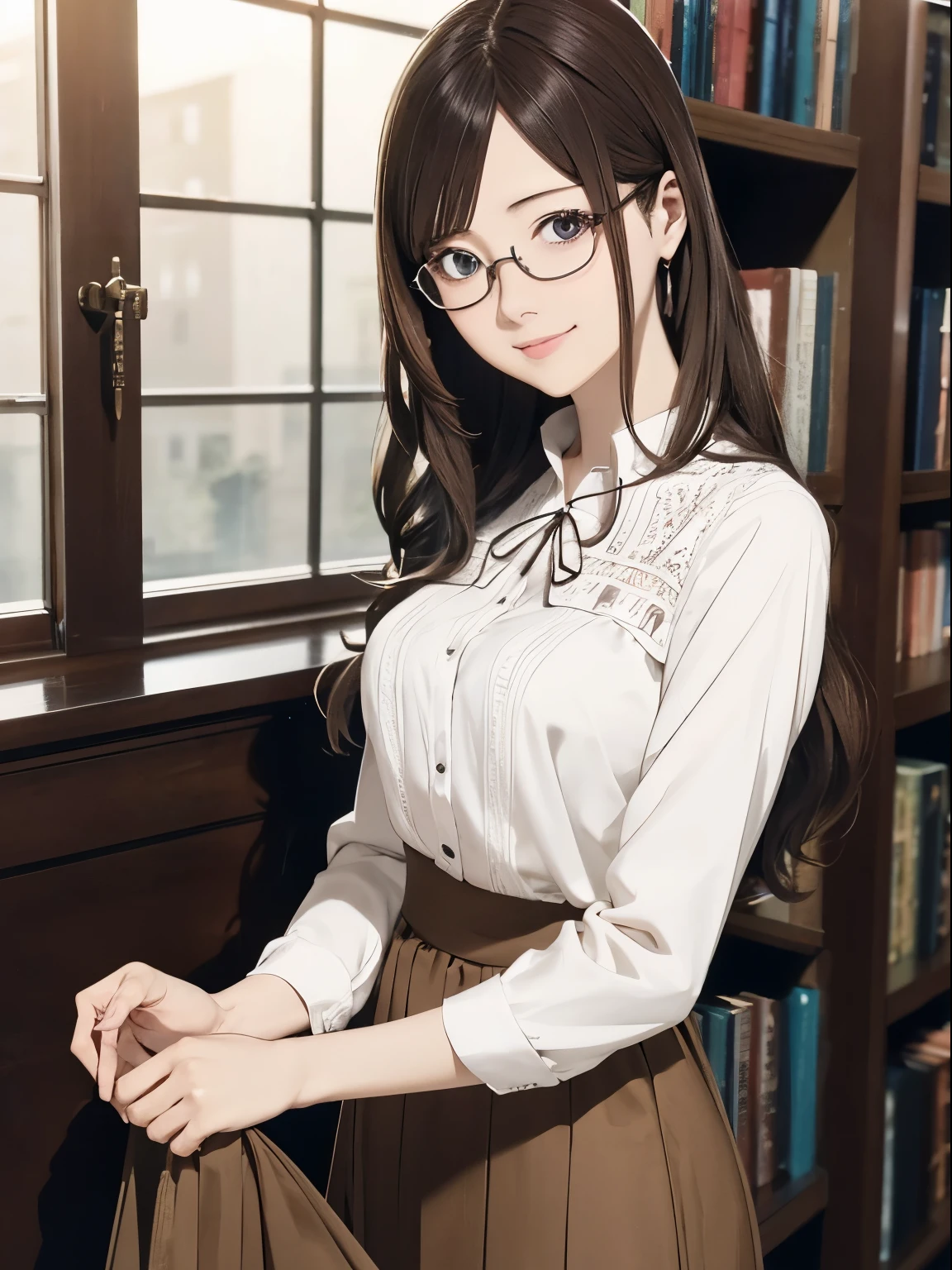 High resolution, 8k, Highest quality, detailed, Semi-realistic anime, Anime 3D Style, Smooth anime CG, One Girl, A 20-year-old Japanese woman, slim, Modeled, Shiny brown hair, detailedな顔, Beautiful and detailed, Glowing Skin, Hard Focus、Film Grain, Soft lighting, smile, (A long skirt and blouse that gives an intellectual impression、Glasses are the key), The interior of an old library with heavy wooden bookcases