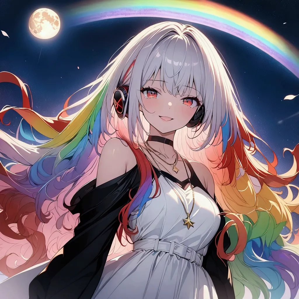 (((anime))) a woman holding a microphone,gal,long hair,(rainbow hair),bangs parted in the center,black headphones,necklace close...