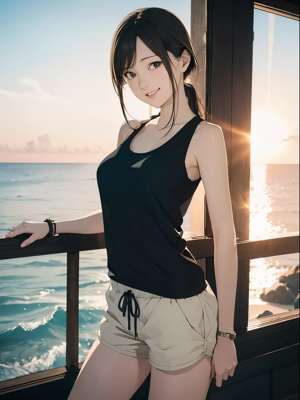 High resolution, 8k, Highest quality, detailed, Semi-realistic anime, Anime 3D Style, Smooth anime CG, One Girl, A 20-year-old Japanese woman, slim, Modeled, Shiny brown hair, detailedな顔, Beautiful and detailed, Glowing Skin, Hard Focus、Film Grain, Soft lighting, Looking at the audience, Laughter, (A woman wearing a casual tank top and shorts), Beach with the sun setting over the ocean、People playing on the edge of the waves々