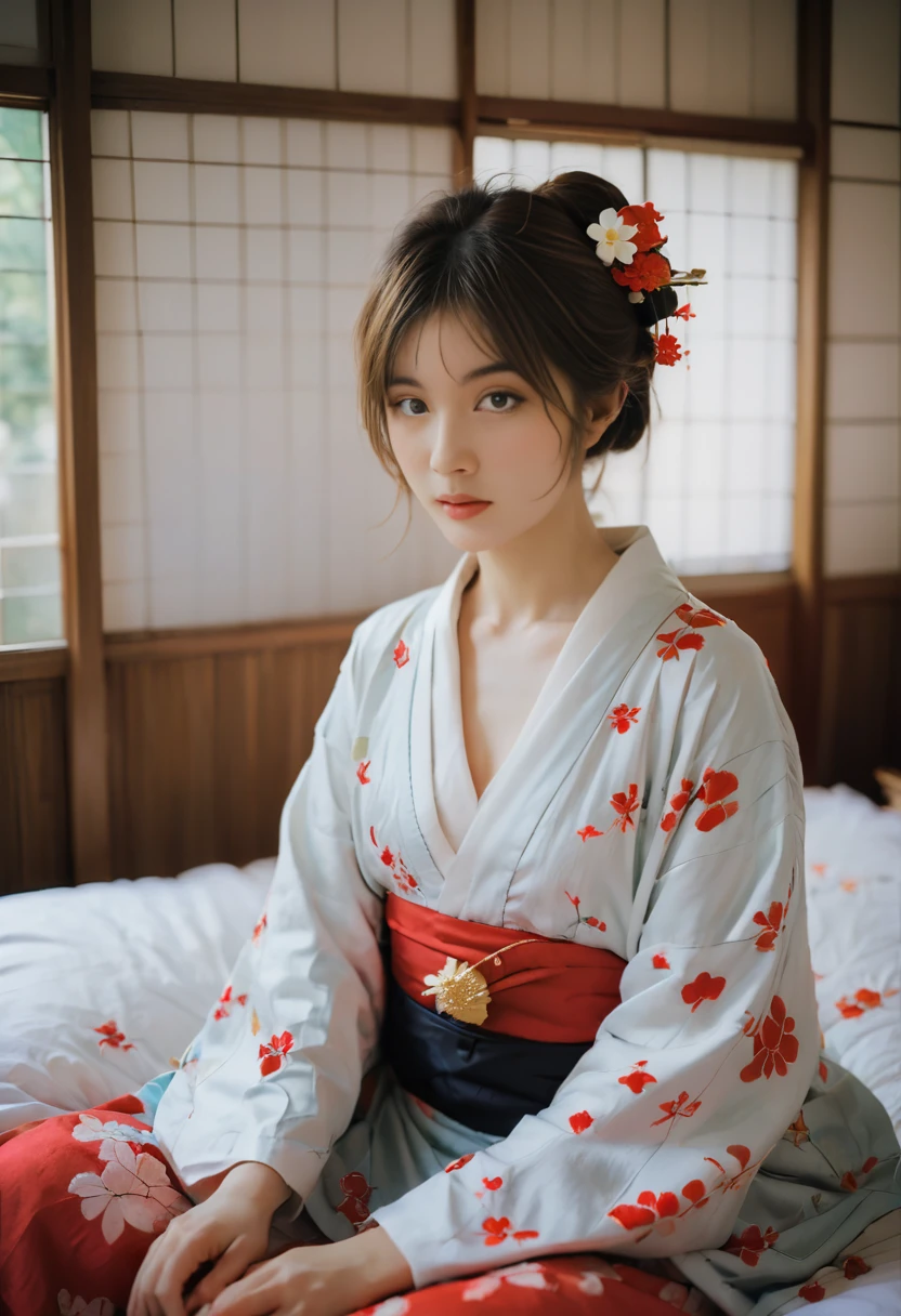 surreal photography,high-resolution portrait, japanese kimono, laying in bed, busty girl, cosplay photography, high-qualitysen photo, meiji schoolgirl uniform, red kimono flower patterns, strapless, british, white skin,whimsical,delicate facial features,shallow depth of field,bokeh effect,