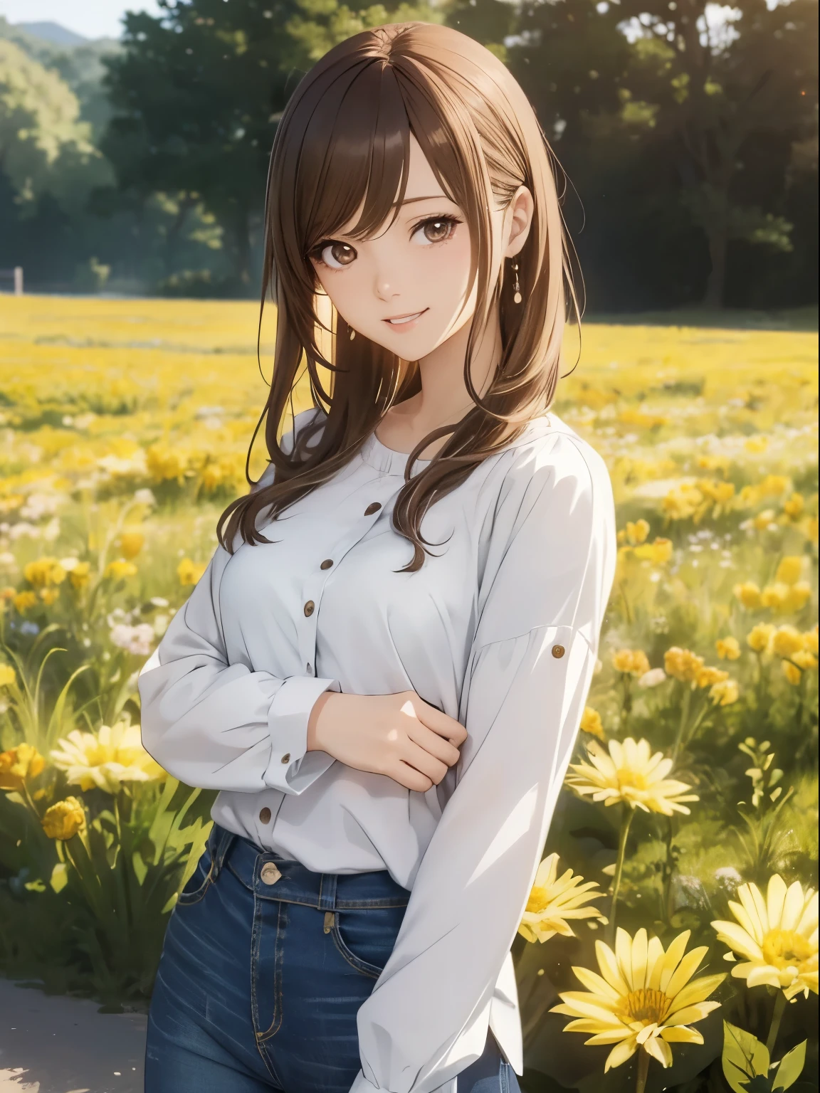 High resolution, 8k, Highest quality, detailed, Semi-realistic anime, Anime 3D Style, Smooth anime CG, One Girl, A 20-year-old Japanese woman, slim, Modeled, Shiny brown hair, detailedな顔, Beautiful and detailed, Glowing Skin, Hard Focus、Film Grain, Soft lighting, Looking at the audience, Laughter, (A woman wearing a simple blouse and jeans), Early summer plateau、A single flower blooming in a meadow under a clear blue sky