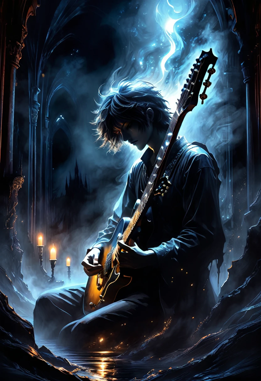 Midjourney, MJ, Midjourney style, poster, manga, anime, 
A mesmerizing dark fantasy illustration captures the essence of a hauntingly beautiful guitar, its silhouette starkly highlighted against an inky black background. The edge of the guitar is bathed in a chilling supernatural light, emanating from an enigmatic, otherworldly source. This eerie illumination creates a haunting ambiance, with the contrast between light and dark areas amplifying the captivating atmosphere. The ethereal glow and mysterious aura of the scene transport the viewer into a realm of fantasy and wonder, making this captivating illustration a true masterpiece of dark fantasy art. The intricate details and enchanting ambiance are sure to leave a lasting impression on all who behold it., dark fantasy 