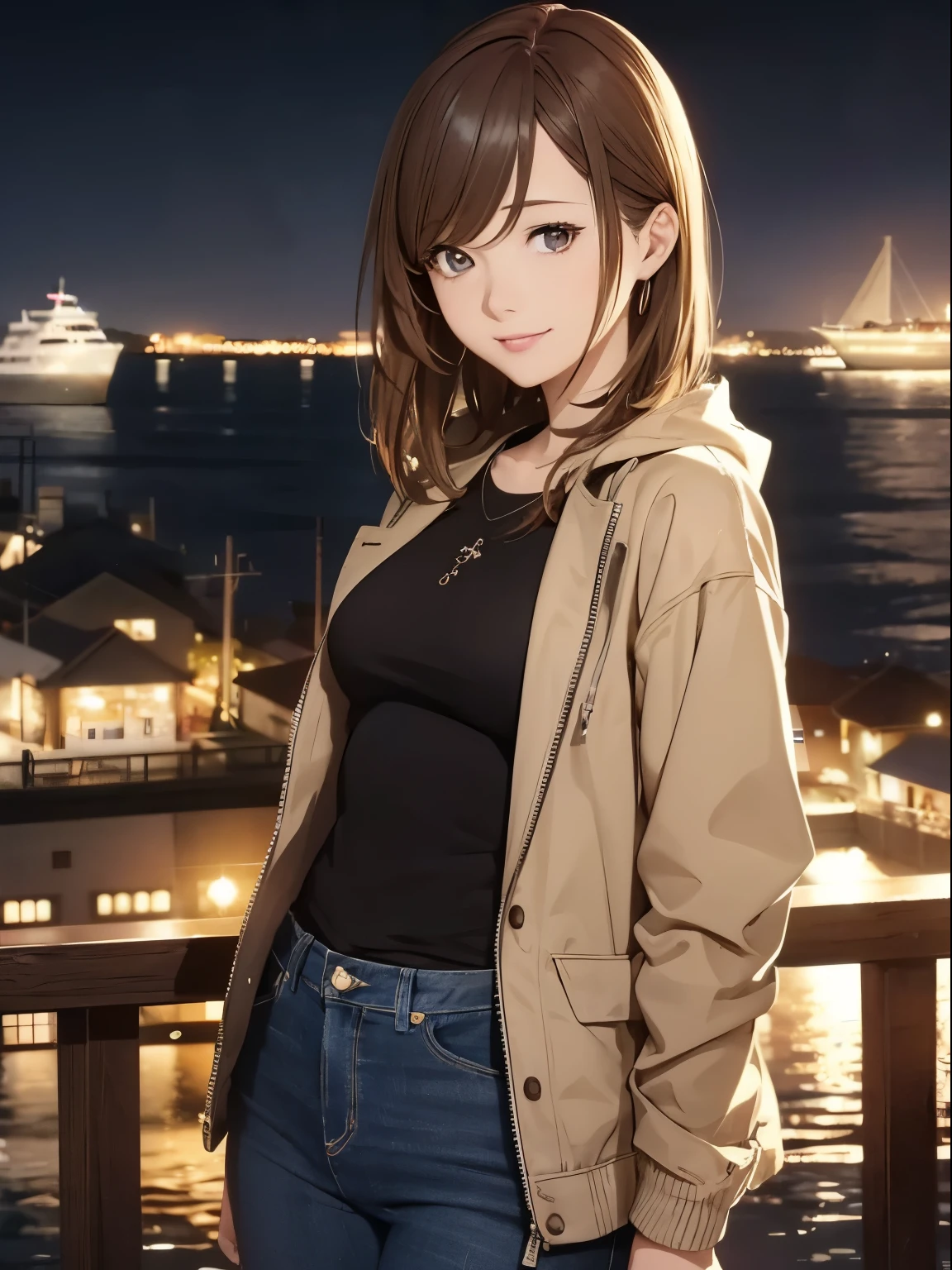 High resolution, 8k, Highest quality, detailed, Semi-realistic anime, Anime 3D Style, Smooth anime CG, One Girl, A 20-year-old Japanese woman, slim, Modeled, Shiny brown hair, detailedな顔, Beautiful and detailed, Glowing Skin, Hard Focus、Film Grain, Soft lighting, Looking at the audience, Laughter, (A woman wearing a casual jacket and jeans), Port town at night、City lights reflected in the sea and anchored ships