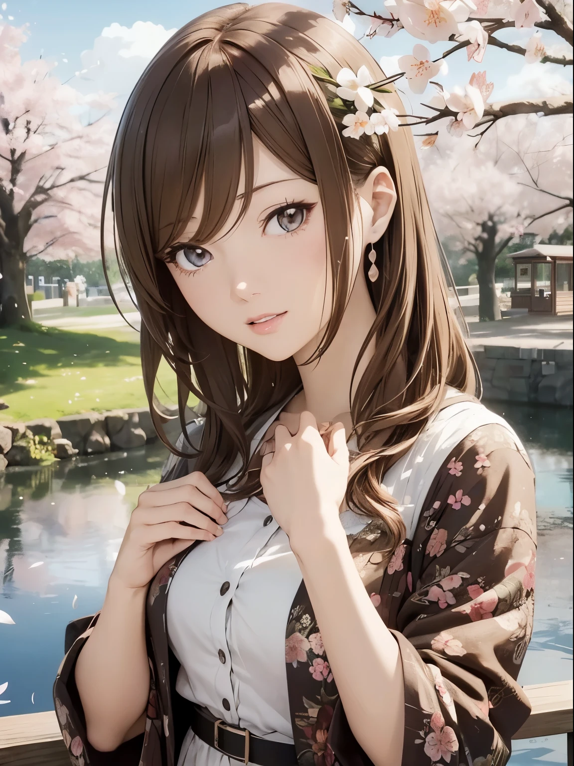 High resolution, 8k, Highest quality, detailed, Semi-realistic anime, Anime 3D Style, Smooth anime CG, One Girl, A 20-year-old Japanese woman, slim, Modeled, Shiny brown hair, detailedな顔, Beautiful and detailed, Glowing Skin, Hard Focus、Film Grain, Soft lighting, (A woman wearing a floral dress and cardigan),A spring park with cherry blossom petals falling、Enjoying a picnic by the pond