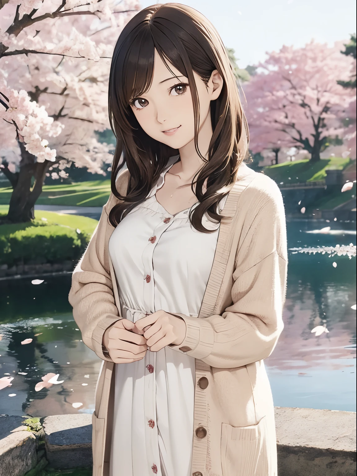 High resolution, 8k, Highest quality, detailed, Semi-realistic anime, Anime 3D Style, Smooth anime CG, One Girl, A 20-year-old Japanese woman, slim, Modeled, Shiny brown hair, detailedな顔, Beautiful and detailed, Glowing Skin, Hard Focus、Film Grain, Soft lighting, (A woman wearing a floral dress and cardigan),A spring park with cherry blossom petals falling、Enjoying a picnic by the pond