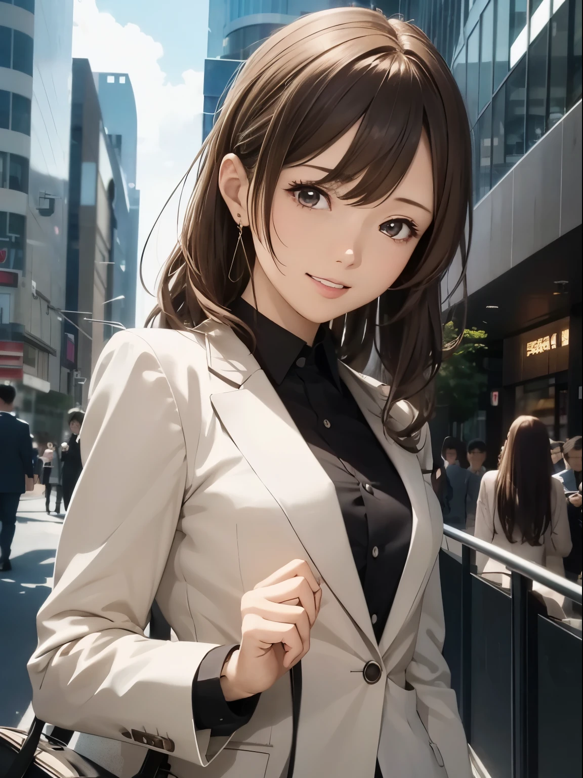 High resolution, 8k, Highest quality, detailed, Semi-realistic anime, Anime 3D Style, Smooth anime CG, One Girl, A 20-year-old Japanese woman, slim, Modeled, Shiny brown hair, detailedな顔, Beautiful and detailed, Glowing Skin, Hard Focus、Film Grain, Soft lighting, Looking at the audience, Laughter, (A woman wearing a formal jacket and pantsuit), A city lined with office buildings、A street where businessmen come and go