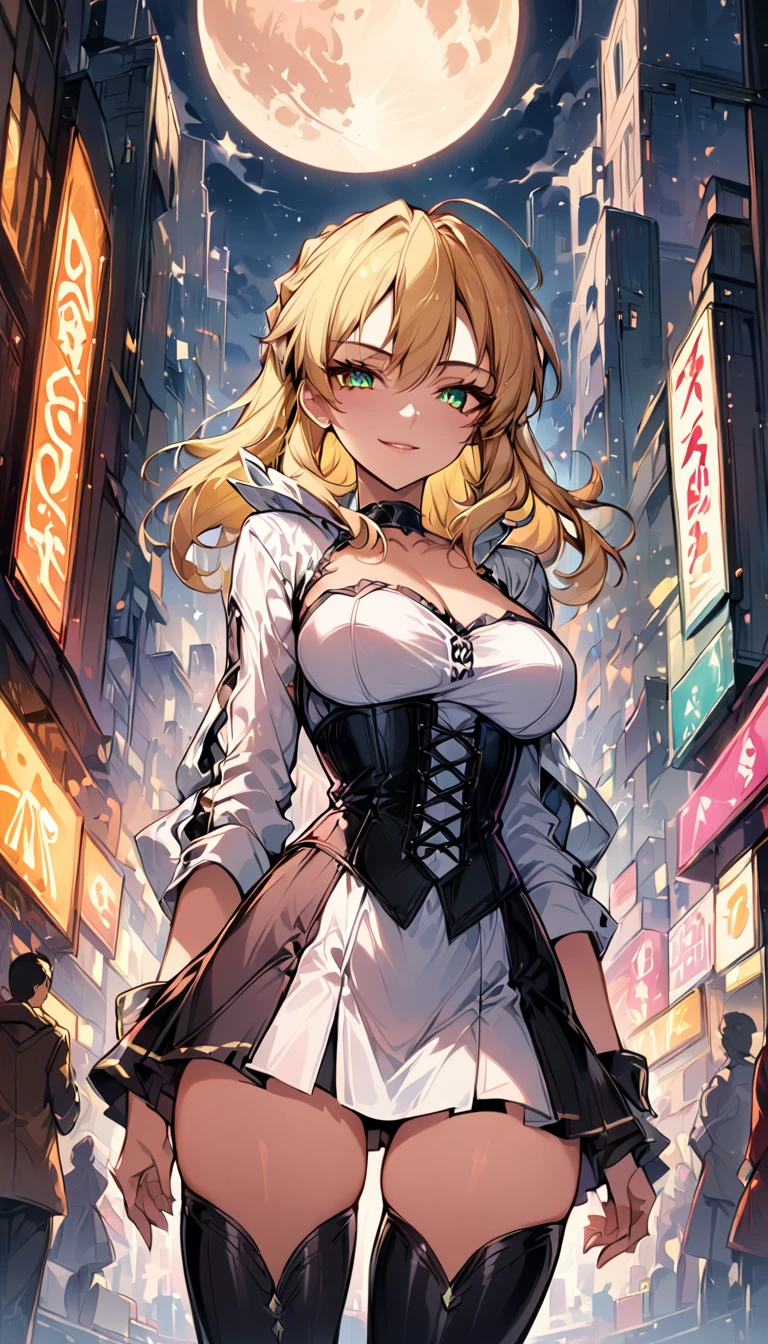 score_9, score_8_up, score_7_up, score_6_up, rating_safe, source_anime, BREAK beautiful Artoria Pendragon (blonde, braid, ribbon, hair ribbon:1.2), sexy smirk, BREAK tight skirt, detailed corset, thigh high boots, choker, BREAK walking in downtown Tokyo, neon lights, Extremely detailed Artgerm, Artgerm on ArtStation Pixiv, BREAK Epic light novel art cover, gorgeous female, trending on artstation pixiv, BREAK midnight, full moon, shallow depth of field, BREAK highly detailed, bokeh, moody, epic, gorgeous, grainy, BREAK (ultra-detailed), (best illustration), (best shadow), (absurdres), (detailed background), (very aesthetic), cowboy shot.