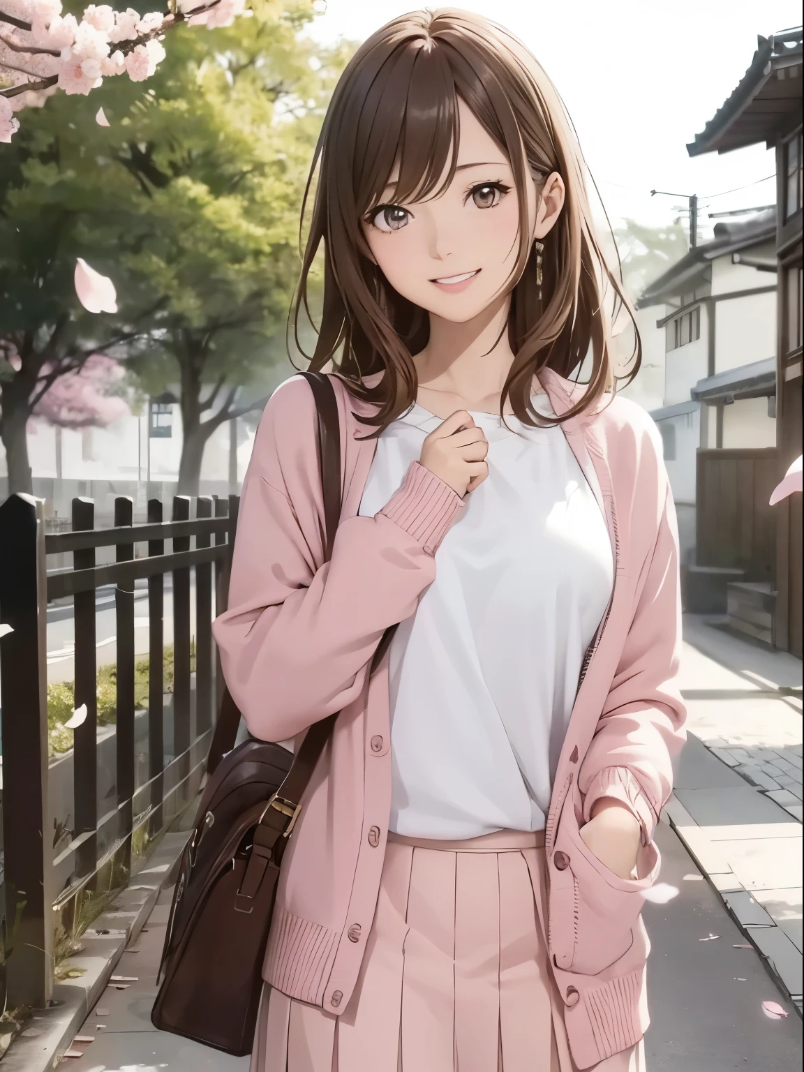 High resolution, 8k, Highest quality, detailed, Semi-realistic anime, Anime 3D Style, Smooth anime CG, One Girl, A 20-year-old Japanese woman, slim, Modeled, Shiny brown hair, detailedな顔, Beautiful and detailed, Glowing Skin, Hard Focus、Film Grain, Soft lighting, Looking at the audience, Laughter, (Pink cardigan and skirt), A tree-lined street with cherry blossom petals falling、A calm day with a spring breeze