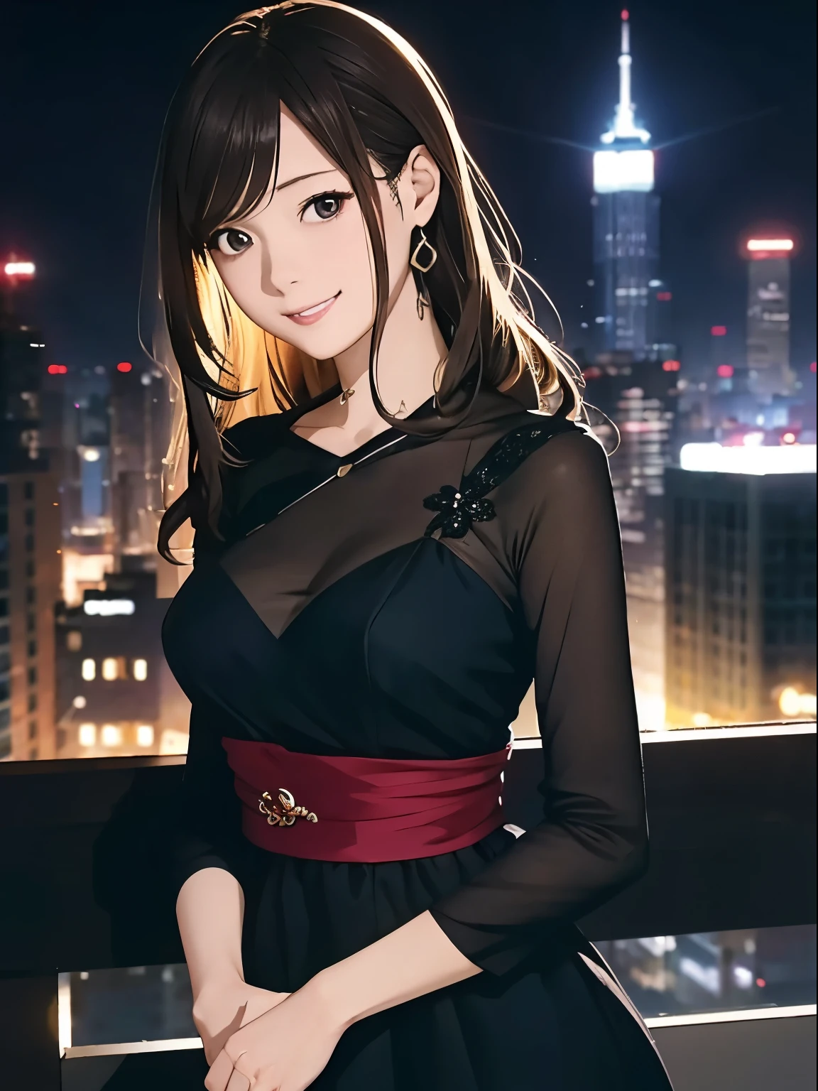 High resolution, 8k, Highest quality, detailed, Semi-realistic anime, Anime 3D Style, Smooth anime CG, One Girl, A 20-year-old Japanese woman, slim, Modeled, Shiny brown hair, detailedな顔, Beautiful and detailed, Glowing Skin, Hard Focus、Film Grain, Soft lighting, Looking at the audience, Laughter, (Elegant Dresses、Sophisticated style that matches the urban atmosphere), Night view of a city lined with skyscrapers