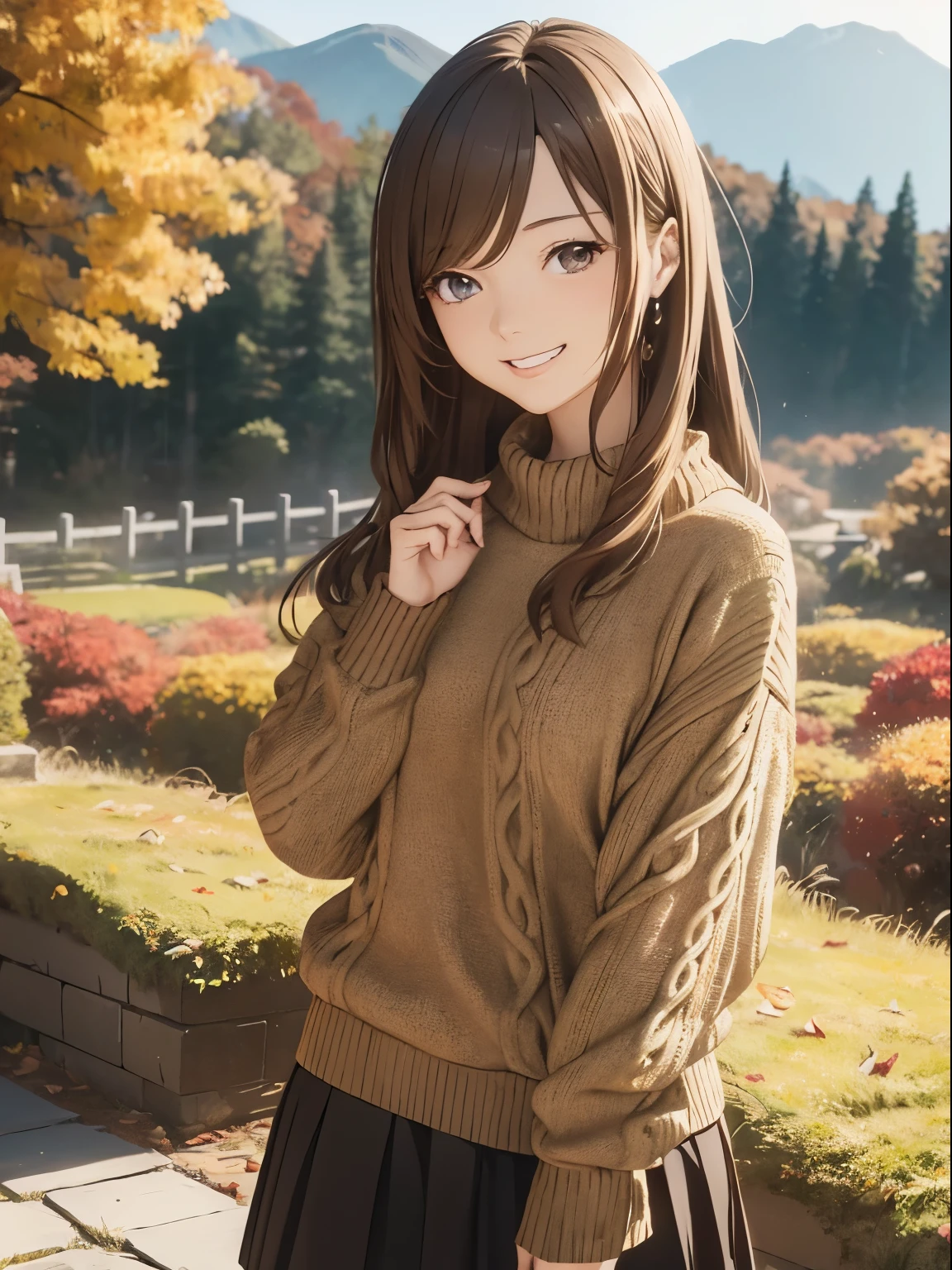 High resolution, 8k, Highest quality, detailed, Semi-realistic anime, Anime 3D Style, Smooth anime CG, One Girl, A 20-year-old Japanese woman, slim, Modeled, Shiny brown hair, detailedな顔, Beautiful and detailed, Glowing Skin, Hard Focus、Film Grain, Soft lighting, Looking at the audience, Laughter, (Warm sweaters and skirts、Autumn-like calm colors), A quiet mountain path with vibrant autumn foliage