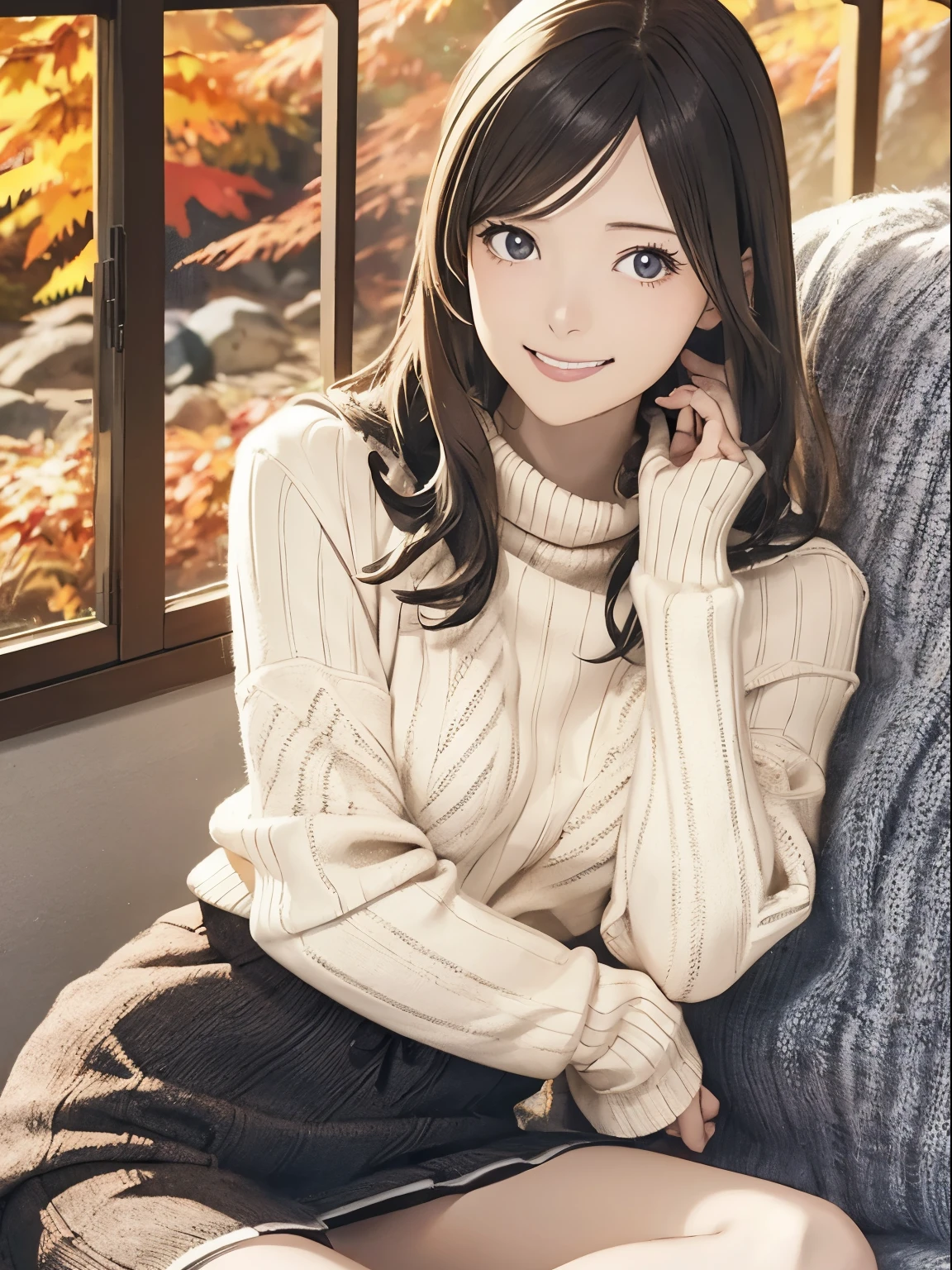 High resolution, 8k, Highest quality, detailed, Semi-realistic anime, Anime 3D Style, Smooth anime CG, One Girl, A 20-year-old Japanese woman, slim, Modeled, Shiny brown hair, detailedな顔, Beautiful and detailed, Glowing Skin, Hard Focus、Film Grain, Soft lighting, Looking at the audience, Laughter, (Warm sweaters and skirts、Autumn-like calm colors), A quiet mountain path with vibrant autumn foliage