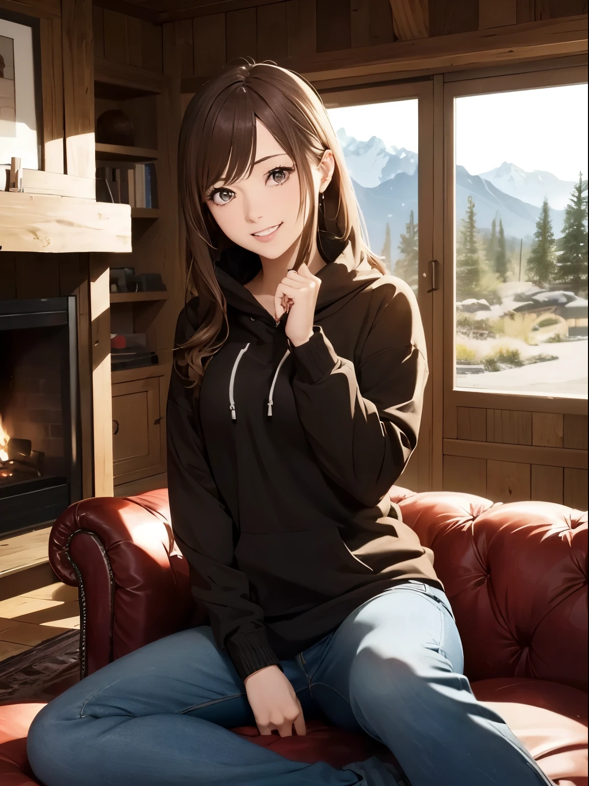 High resolution, 8k, Highest quality, detailed, Semi-realistic anime, Anime 3D Style, Smooth anime CG, One Girl, A 20-year-old Japanese woman, slim, Modeled, Shiny brown hair, detailedな顔, Beautiful and detailed, Glowing Skin, Hard Focus、Film Grain, Soft lighting, Looking at the audience, Laughter, (Woman wearing fleece and jeans), In front of the fireplace in the mountain hut、A warm living room surrounded by wooden furniture