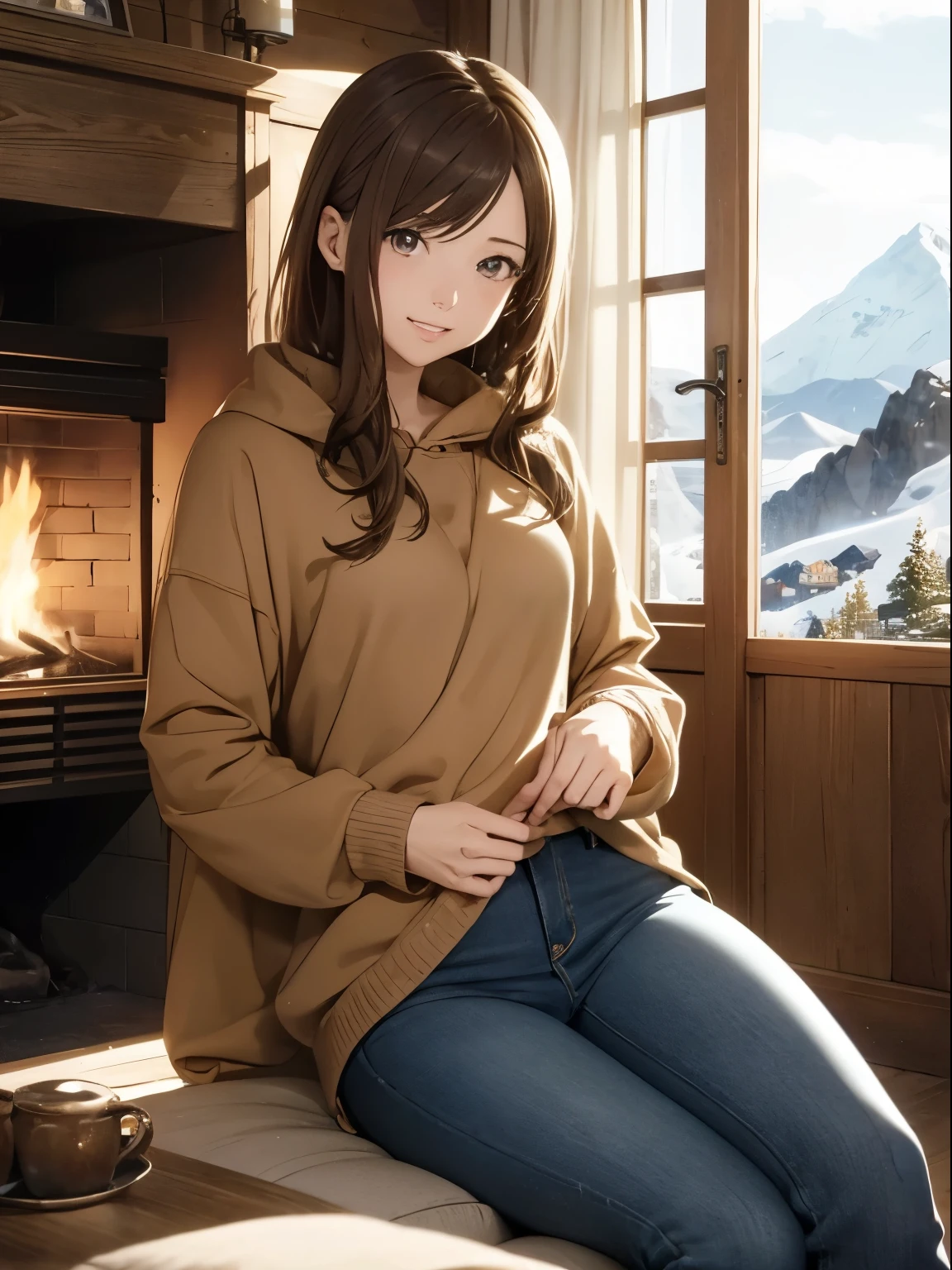 High resolution, 8k, Highest quality, detailed, Semi-realistic anime, Anime 3D Style, Smooth anime CG, One Girl, A 20-year-old Japanese woman, slim, Modeled, Shiny brown hair, detailedな顔, Beautiful and detailed, Glowing Skin, Hard Focus、Film Grain, Soft lighting, Looking at the audience, Laughter, (Woman wearing fleece and jeans), In front of the fireplace in the mountain hut、A warm living room surrounded by wooden furniture