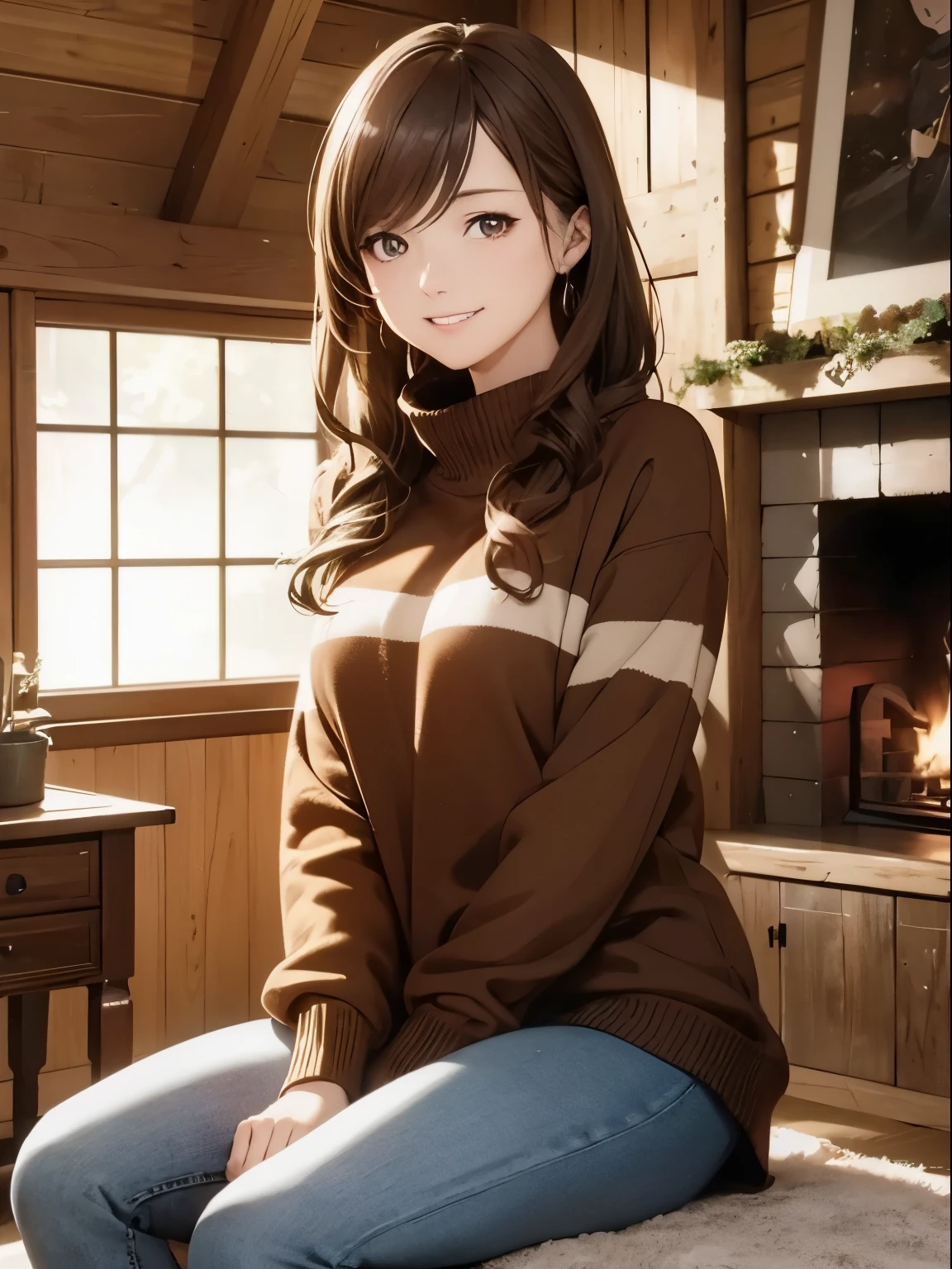 High resolution, 8k, Highest quality, detailed, Semi-realistic anime, Anime 3D Style, Smooth anime CG, One Girl, A 20-year-old Japanese woman, slim, Modeled, Shiny brown hair, detailedな顔, Beautiful and detailed, Glowing Skin, Hard Focus、Film Grain, Soft lighting, Looking at the audience, Laughter, (Woman wearing fleece and jeans), In front of the fireplace in the mountain hut、A warm living room surrounded by wooden furniture