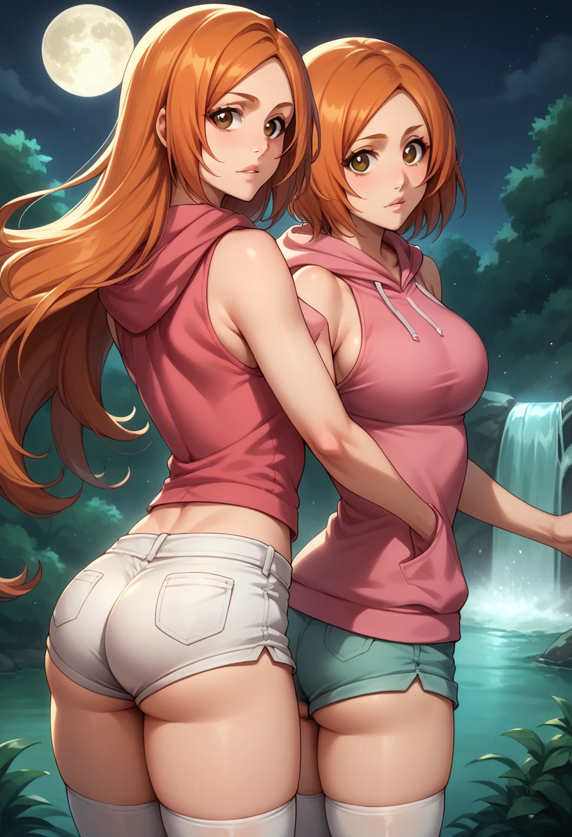 score_9, score_8_up, score_7_up, BREAK, score_9, inoue orihime, long hair, orange hair, brown eyes, thighhighs, shorts, sleeveless, hood, hoodie, pink hoodie, looking at viewer, cowboy shot, ass, from behind, night, full moon, waterfall