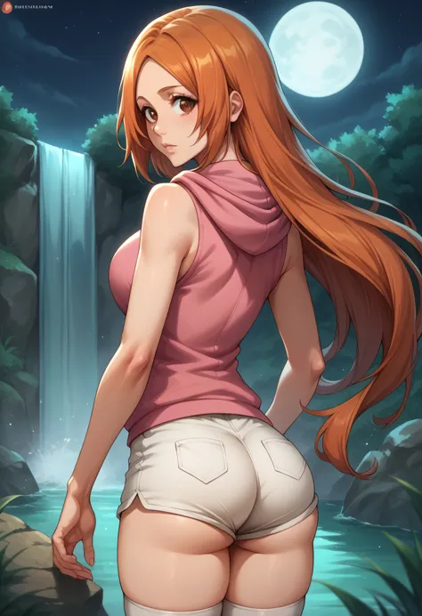 score_9, score_8_up, score_7_up, break, score_9, inoue orihime, long hair, orange hair, brown eyes, thighhighs, shorts, sleevele...