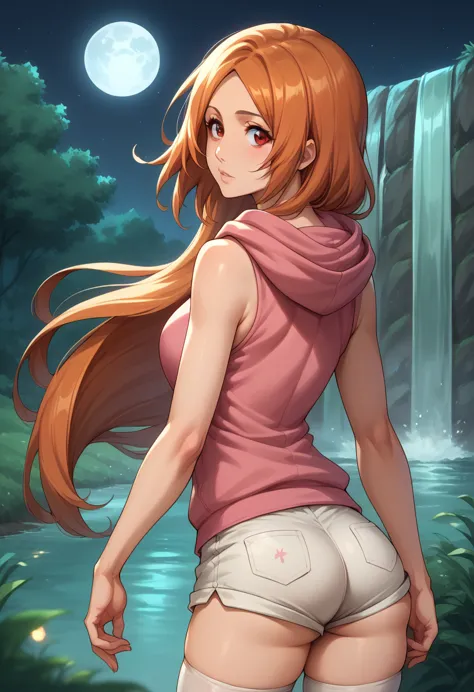 score_9, score_8_up, score_7_up, break, score_9, inoue orihime, long hair, orange hair, brown eyes, thighhighs, shorts, sleevele...