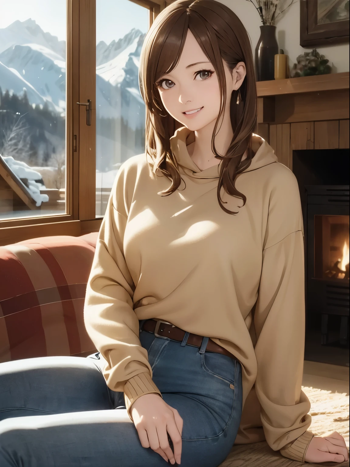 High resolution, 8k, Highest quality, detailed, Semi-realistic anime, Anime 3D Style, Smooth anime CG, One Girl, A 20-year-old Japanese woman, slim, Modeled, Shiny brown hair, detailedな顔, Beautiful and detailed, Glowing Skin, Hard Focus、Film Grain, Soft lighting, Looking at the audience, Laughter, (Woman wearing fleece and jeans), In front of the fireplace in the mountain hut、A warm living room surrounded by wooden furniture