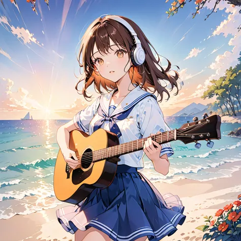 girl wearing headphones,brown hair,1 person,detailed background,(sailor uniform:1.2)(play the guitar.sing a song.:1.3)(summer ev...