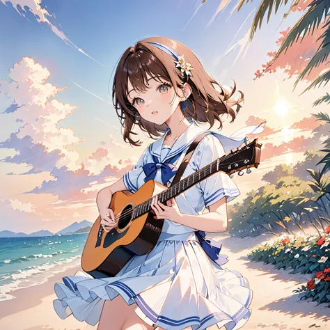 girl wearing headphones,brown hair,1 person,detailed background,(sailor uniform:1.2)(play the guitar.sing a song.:1.3)(summer ev...