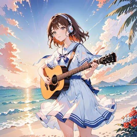 girl wearing headphones,brown hair,1 person,detailed background,(sailor uniform:1.2)(play the guitar.sing a song.:1.3)(summer ev...