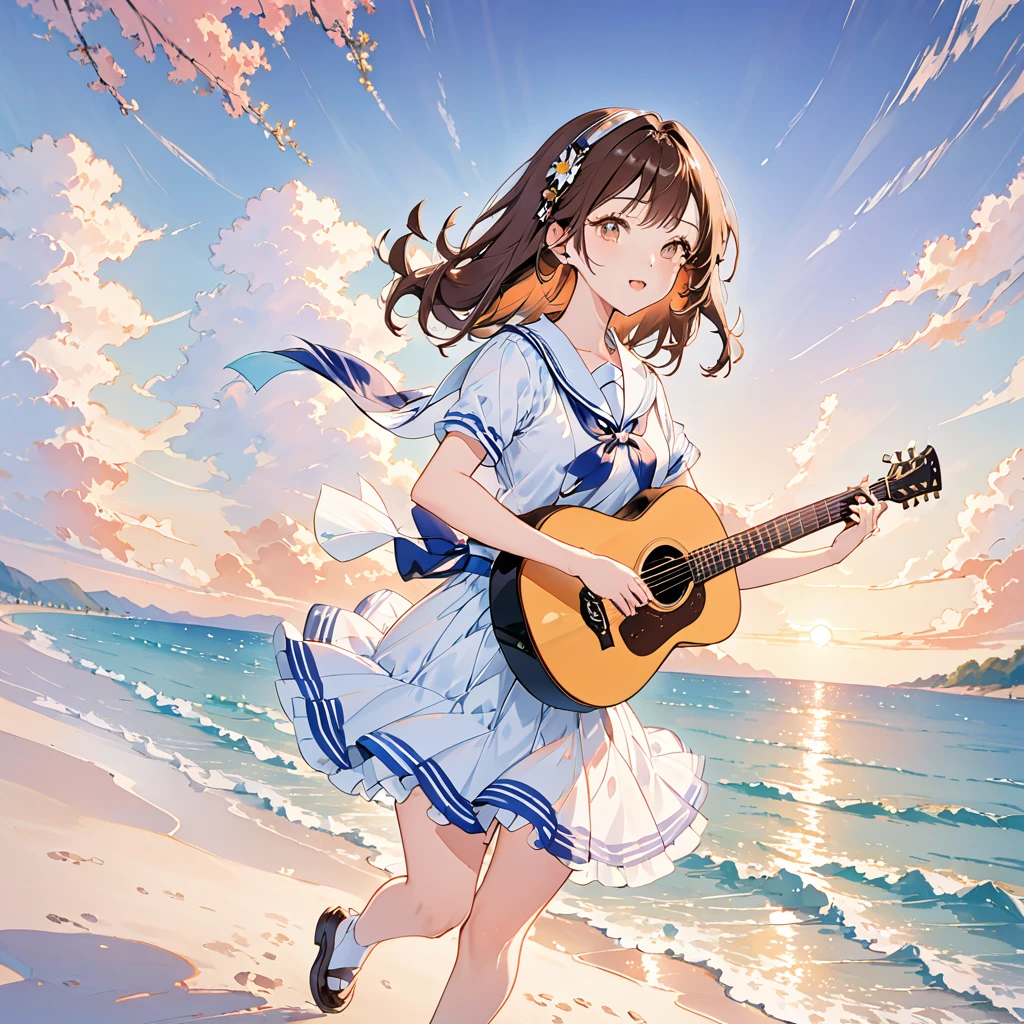 Girl wearing headphones,Brown Hair,1 person,Detailed Background,(sailor uniform:1.2)(play the guitar.sing a song.:1.3)(Summer evening、Beautiful sunset)(beach、Ripple)(dynamic angle:1.4)