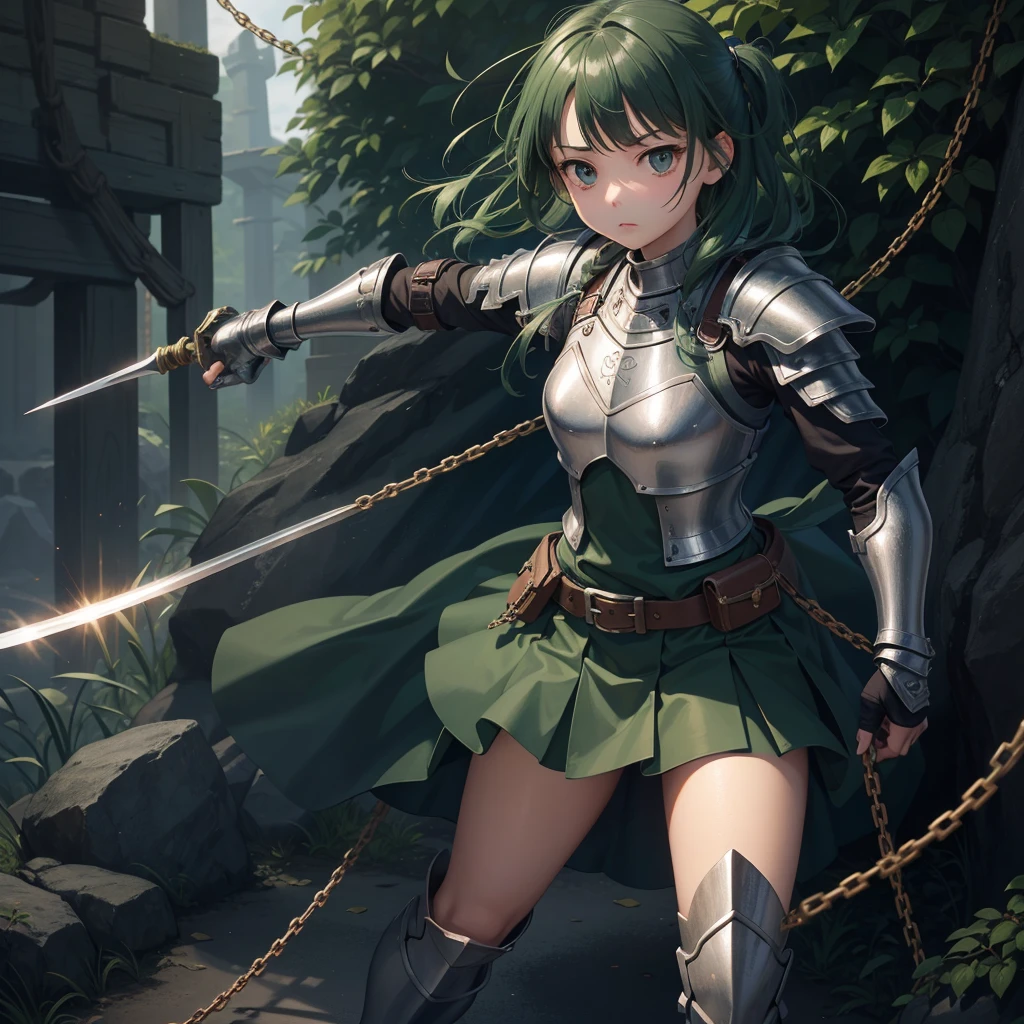 最high quality、high quality、Simple Cloth Armor、１０Year-old girl adventurer、Equipped with a weapon that has a short chain at the end of a stick and a spiked iron ball at the end of the chain、In a dark maze、Dark green armor