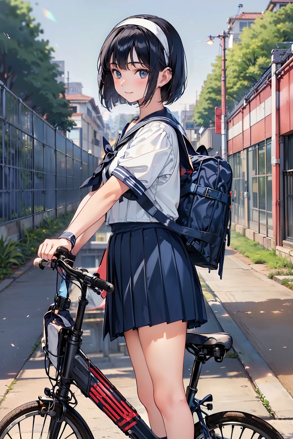 One Woman, (Beautiful woman, delicate:1.3), Black Hair, (bob cur:1.4), bangs, 8k, Highest quality, masterpiece, Very detailed, Ultra-high resolution, Realistic, RAW Photos, Absolute Resolution, Black Hair, (dark blue sailor uniform:1.4), (long dark blue pleated skirt:1.4), (Realistic junior high school student:1.4), (White headband:1.4), Small breasts, expensive, Bright Blue Eyes, (In front of the school gate), smile, (standing pose:1.4), (one school bag on shoulder:1.4), (long skirt:1.4), slender female body, (Blur the background:1.4), (looking at the camera:1.4), (glossy hair), (get on a bicycle:1.4), (Sprint on a bicycle:1.4), School Bicycle, 