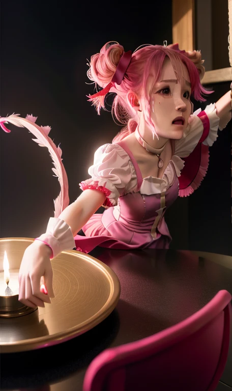 Tabletop, Highest quality, One Girl, Spin around, alone, Pink Hair, Double Ponytail, tears, Pink Eyes, gloves, magician, Outstretched arms, collar, (Hmph: 0.6)、Madoka Magica、Attacked by tentacles