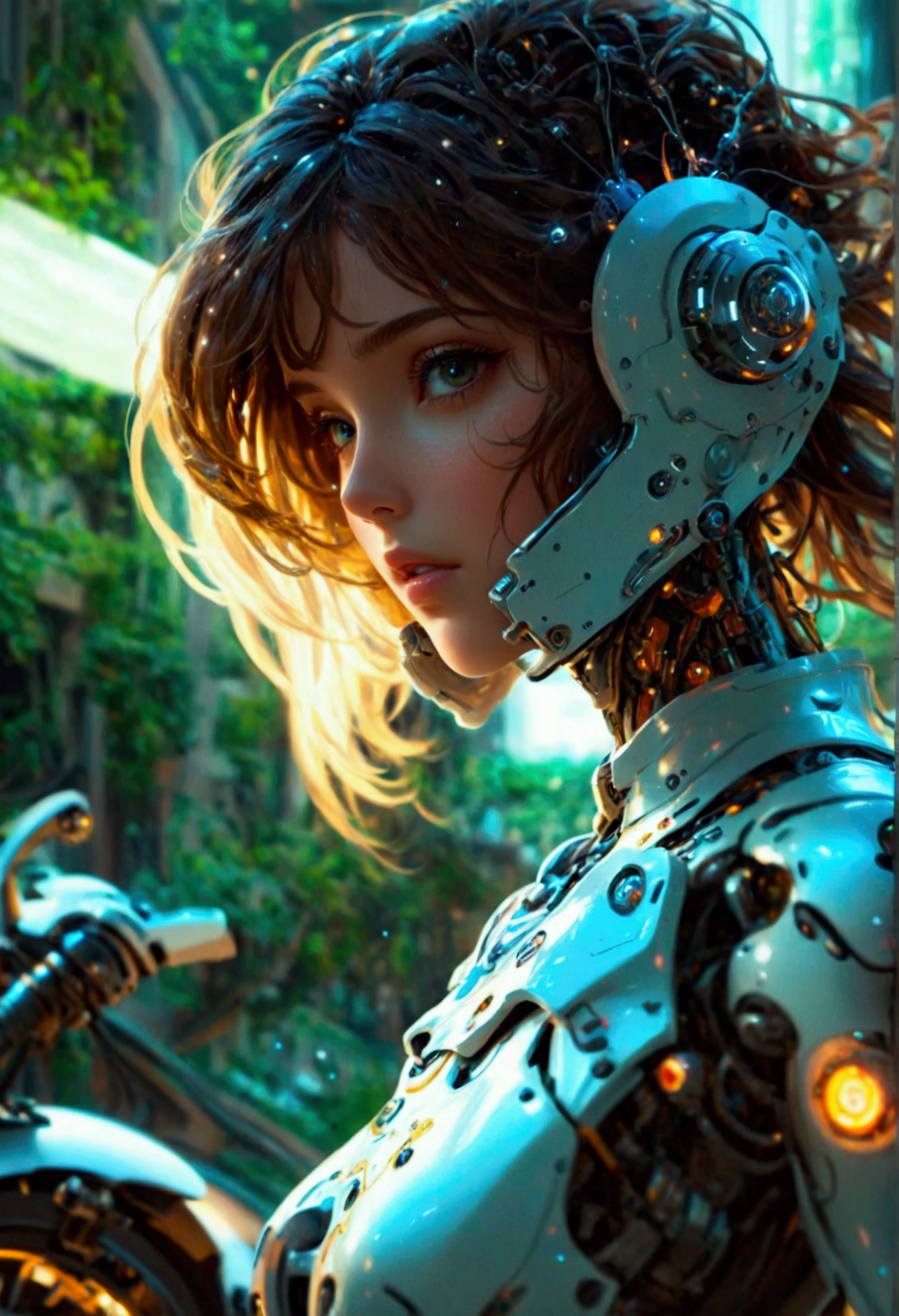 AI girl in exosuit as supermodel on a mecha-bike, flowing hair, perfect face,  full body, intricate detailed, front view, looking forward, best as AI can reach