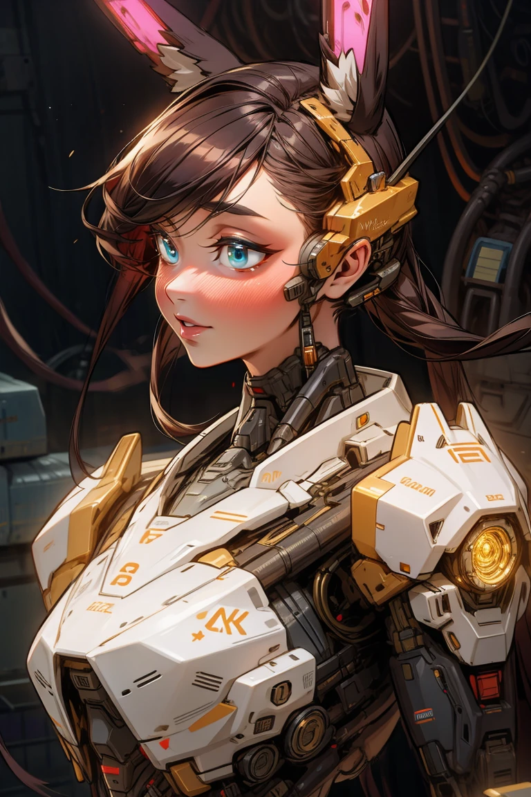 a cute cyborg girl with rabbit ears, beautiful detailed eyes, beautiful detailed lips, extremely detailed face and features, long eyelashes, beautiful fair skin, adorable expression, anime-style, detailed bronze mechanical body parts, intricate cybernetic enhancements, complex circuitry, futuristic setting, glowing neon lights, cinematic lighting, vibrant colors, hyperrealistic, 8k, high quality, masterpiece,Seven Avatars