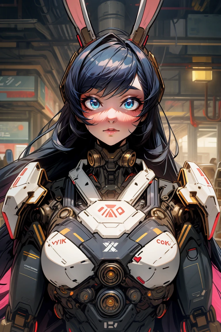 a cute cyborg girl with rabbit ears, beautiful detailed eyes, beautiful detailed lips, extremely detailed face and features, long eyelashes, beautiful fair skin, adorable expression, anime-style, detailed bronze mechanical body parts, intricate cybernetic enhancements, complex circuitry, futuristic setting, glowing neon lights, cinematic lighting, vibrant colors, hyperrealistic, 8k, high quality, masterpiece,Seven Avatars