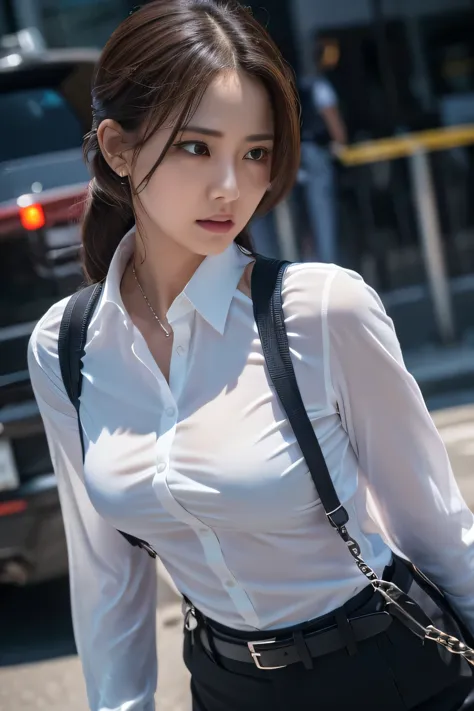 a woman in a suit, belt, hands behind back, sweating, suspenders, black pants, sexly, large breasts, see-through clothing, rain,...