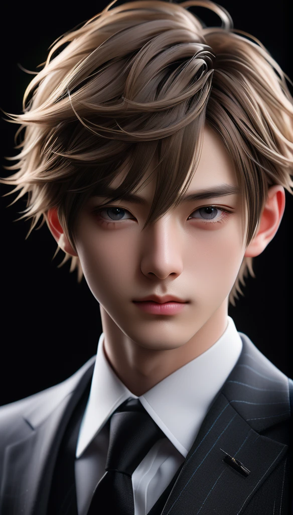 Meticulous, analog style, focus on the eyes, highest quality, (highly detailed skin), very handsome pale-skinned Japanese boy photo, 2, (wearing a suit), perfect face, skin pores, (penetration: 0, 5), black background, (bokeh:0.6), photographed with Sony A7R IV camera, 18mm F/1.7 cine lens, 8k, HDR, front view, (upper body: 0.9)