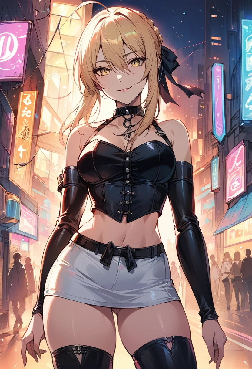 score_9, score_8_up, score_7_up, score_6_up, rating_safe, source_anime, BREAK beautiful Artoria Pendragon (blonde, braid, ribbon, hair ribbon:1.2), sexy smirk, BREAK tight skirt, cropped corset, thigh high boots, choker, BREAK walking in downtown Tokyo, neon lights, Extremely detailed Artgerm, Artgerm on ArtStation Pixiv, BREAK Epic light novel art cover, gorgeous female, trending on artstation pixiv, BREAK midnight, full moon, shallow depth of field, BREAK highly detailed, bokeh, moody, epic, gorgeous, grainy, BREAK (ultra-detailed), (best illustration), (best shadow), (absurdres), (detailed background), (very aesthetic).