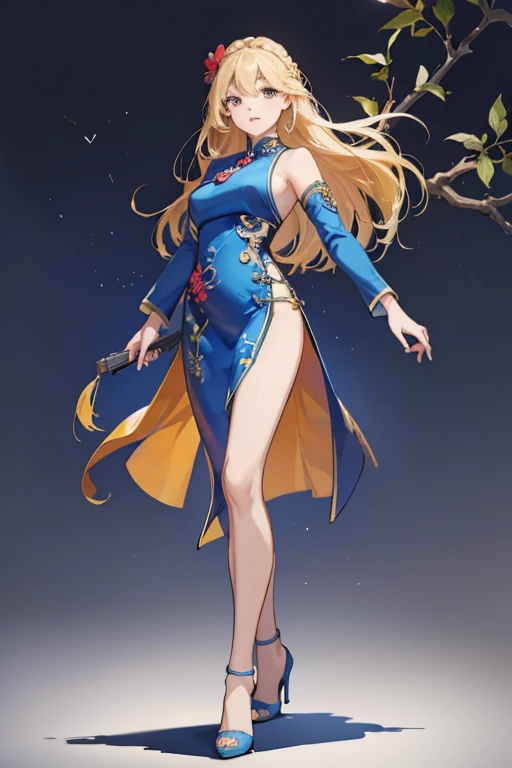 Highest quality,High resolution,comics,(Cel Animation Style),A woman is standing alone,30 year old Asian woman,(Long blonde hair),((Blue Chinese Dress)),((Blue High Heels)),((1. Have a gun.6)),(Hibiscus Hair Accessories),(Beautiful face with a slit 1.3)，(Gold bracelets on both wrists),Beautiful Style,Slender body,(Large Breasts),((Urban Background))