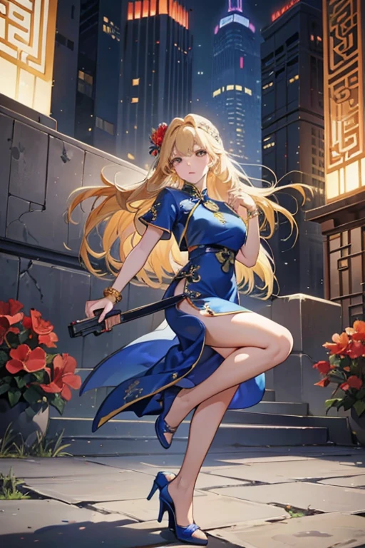 Highest quality,High resolution,comics,(Cel Animation Style),A woman is standing alone,30 year old Asian woman,(Long blonde hair),((Blue Chinese Dress)),((Blue High Heels)),((1. Have a gun.6)),(Hibiscus Hair Accessories),(Beautiful face with a slit 1.3)，(Gold bracelets on both wrists),Beautiful Style,Slender body,(Large Breasts),((Urban Background))