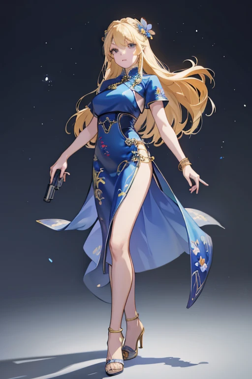 Highest quality,High resolution,comics,(Cel Animation Style),A woman is standing alone,30 year old Asian woman,(Long blonde hair),((Blue Chinese Dress)),((Blue High Heels)),((1. Have a gun.6)),(Hibiscus Hair Accessories),(Beautiful face with a slit 1.3)，(Gold bracelets on both wrists),Beautiful Style,Slender body,(Large Breasts),((Urban Background))