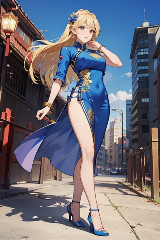 Highest quality,High resolution,comics,(Cel Animation Style),A woman is standing alone,30 year old Asian woman,(Long blonde hair),((Blue Chinese Dress)),((Blue High Heels)),((1. Have a gun.6)),(Hibiscus Hair Accessories),(Beautiful face with a slit 1.3)，(Gold bracelets on both wrists),Beautiful Style,Slender body,(Large Breasts),((Urban Background))