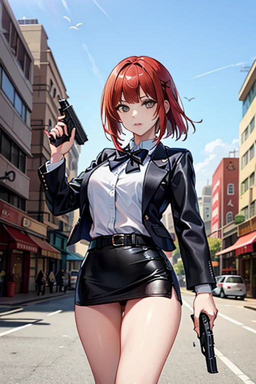 Highest quality、Ultra HD、One Woman、(Red Hair Short Bob 1.3)、(Black blazer 1.3)、(Black bow tie)、(shirt)、(Black Leather Shoes 1.1)、((Black Mini Tight Skirt))、((Thigh 1.2))、((One with a gun in each hand.5))、stylish、(Beautiful face with sharp eyes 1.2)、(Leather belt 1.2)、2. Women、thin、(Daytime city background 1.2)、((Clear and beautiful touch))